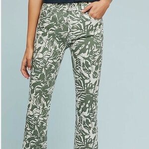 Anthropologie Pilcro Olive and Cream Botanical print cropped bootcut